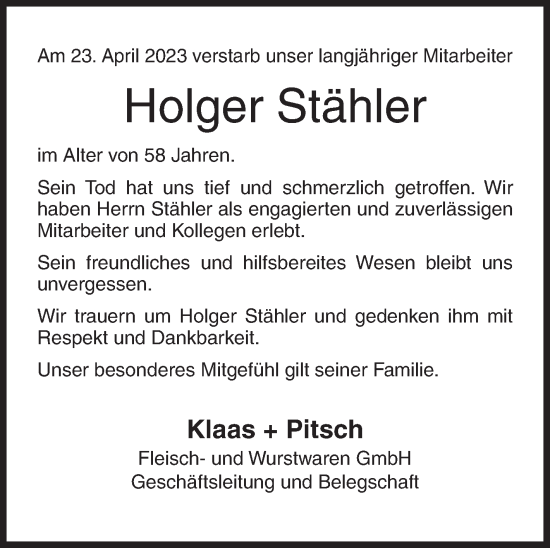 Traueranzeige von Holger Stähler von Siegener Zeitung