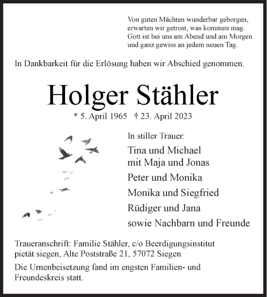 Traueranzeige von Holger Stähler von Siegener Zeitung