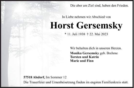 Traueranzeige von Horst Gersemsky von Siegener Zeitung
