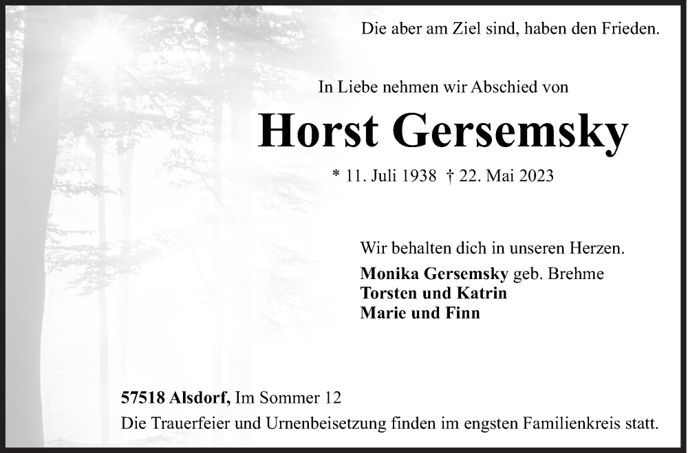  Traueranzeige für Horst Gersemsky vom 24.05.2023 aus Siegener Zeitung