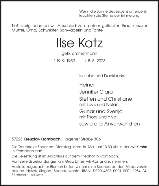 Traueranzeige von Ilse Katz von Siegener Zeitung