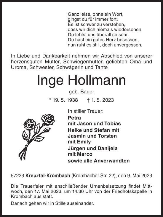 Traueranzeige von Inge Hollmann von Siegener Zeitung