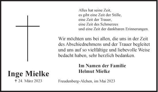 Traueranzeige von Inge Mielke von Siegener Zeitung