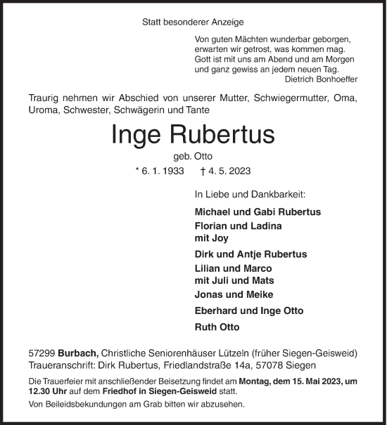 Traueranzeige von Inge Rubertus von Siegener Zeitung