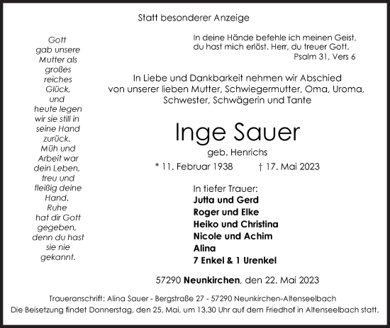 Traueranzeige von Inge Sauer von Siegener Zeitung