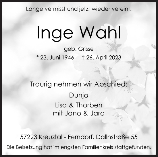 Traueranzeige von Inge Wahl von Siegener Zeitung