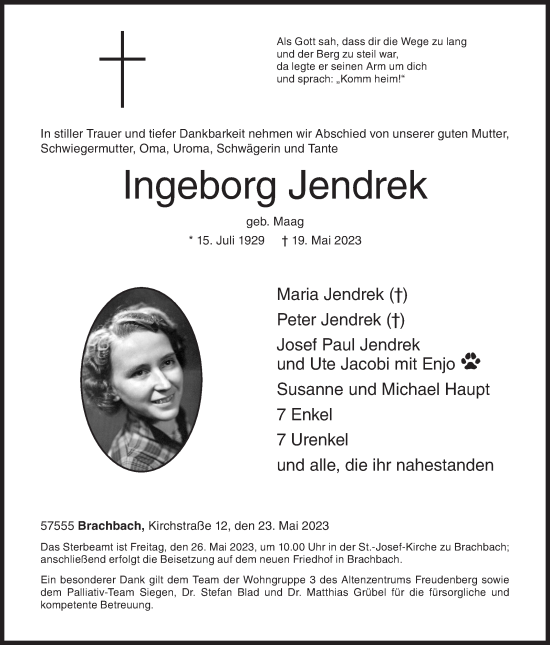 Traueranzeige von Ingeborg Jendrek von Siegener Zeitung