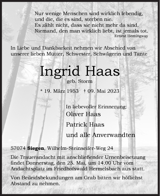 Traueranzeige von Ingrid Haas von Siegener Zeitung