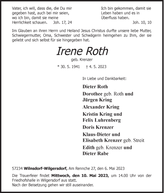 Traueranzeige von Irene Roth von Siegener Zeitung