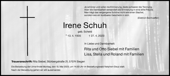 Traueranzeige von Irene Schuh von Siegener Zeitung
