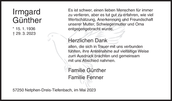 Traueranzeige von Irmgard Günther von Siegener Zeitung