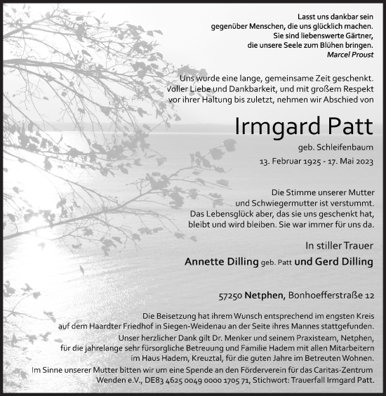 Traueranzeige von Irmgard Patt von Siegener Zeitung