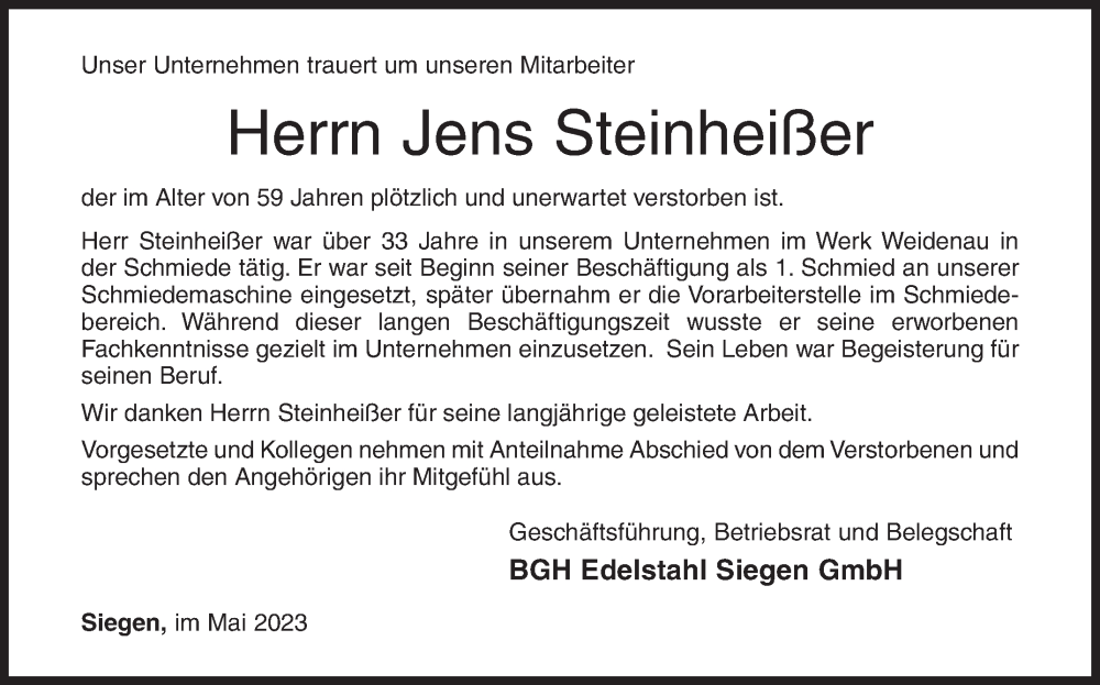  Traueranzeige für Jens Steinheißer vom 11.05.2023 aus Siegener Zeitung