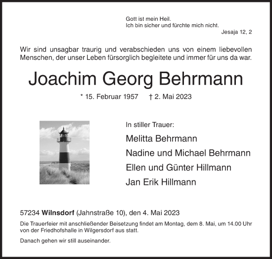 Traueranzeige von Joachim Georg Behrmann von Siegener Zeitung
