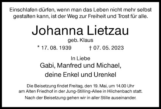 Traueranzeige von Johanna Lietzau von Siegener Zeitung