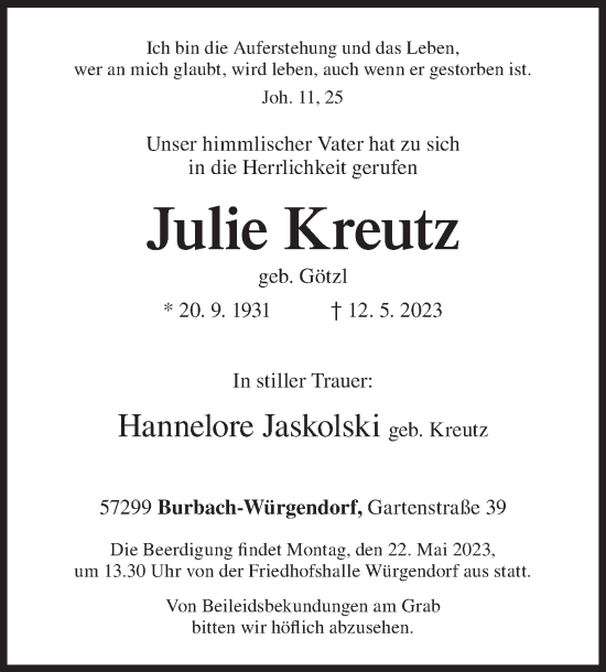 Traueranzeige von Julie Kreutz von Siegener Zeitung