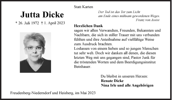 Traueranzeige von Jutta Dicke von Siegener Zeitung