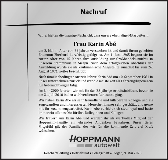 Traueranzeige von Karin Abé von Siegener Zeitung
