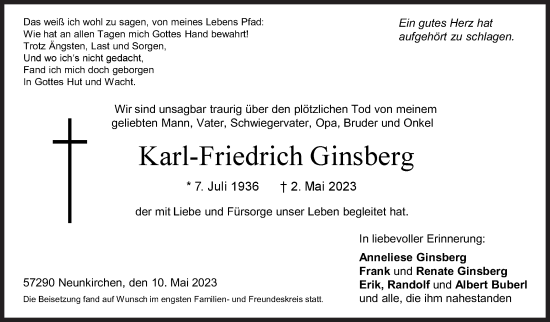 Traueranzeige von Karl-Friedrich Ginsberg von Siegener Zeitung