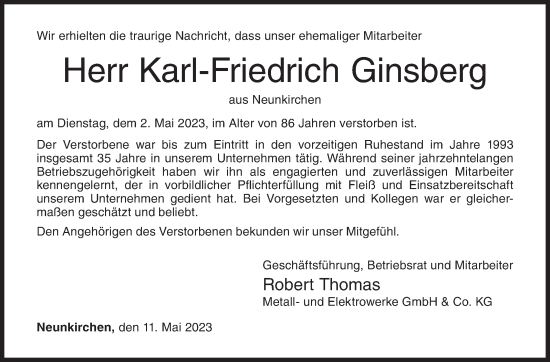 Traueranzeige von Karl-Friedrich Ginsberg von Siegener Zeitung