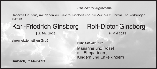 Traueranzeige von Karl-Friedrich und Rolf-Dieter Ginsberg von Siegener Zeitung