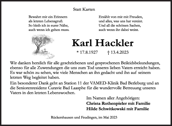 Traueranzeige von Karl Hackler von Siegener Zeitung