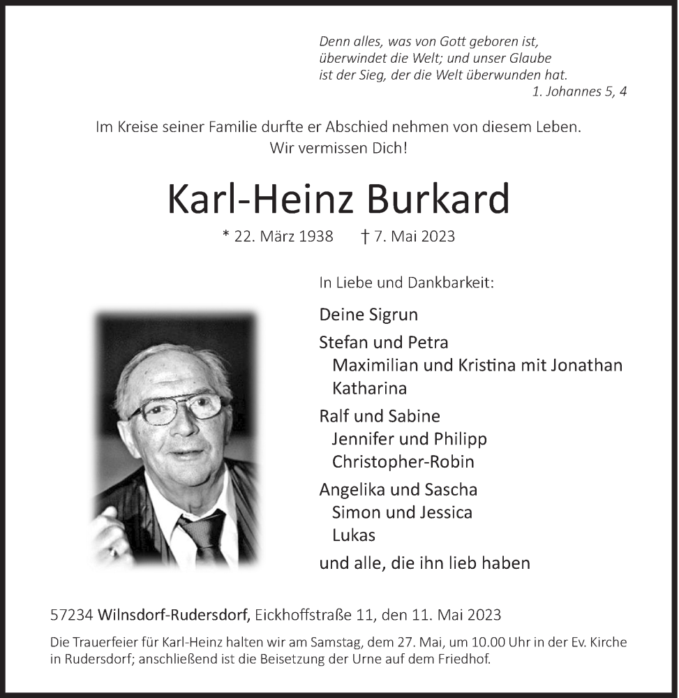  Traueranzeige für Karl-Heinz Burkard vom 11.05.2023 aus Siegener Zeitung