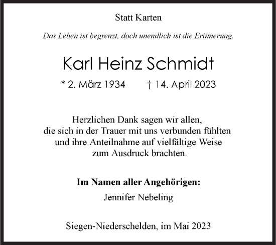 Traueranzeige von Karl Heinz Schmidt von Siegener Zeitung