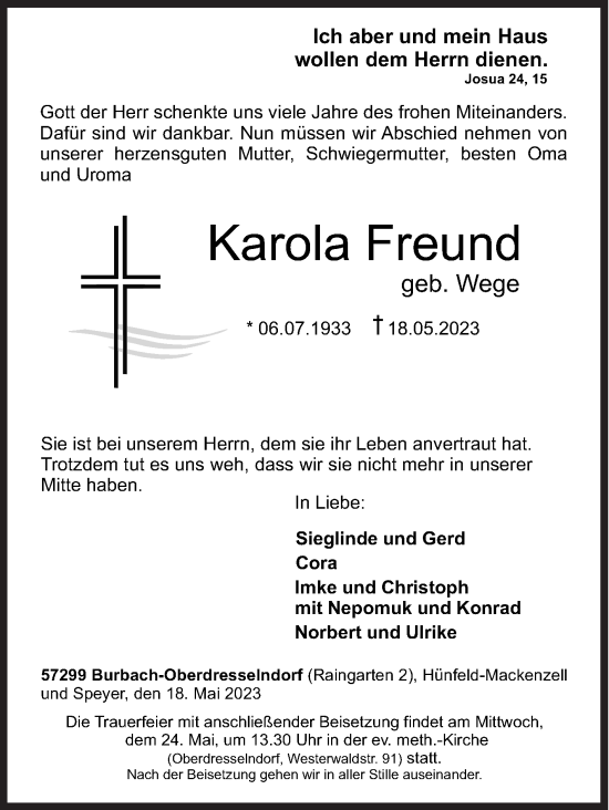 Traueranzeige von Karola Freund von Siegener Zeitung