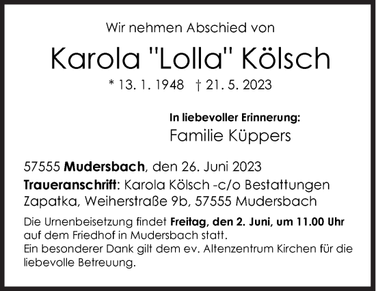 Traueranzeige von Karola Kölsch von Siegener Zeitung