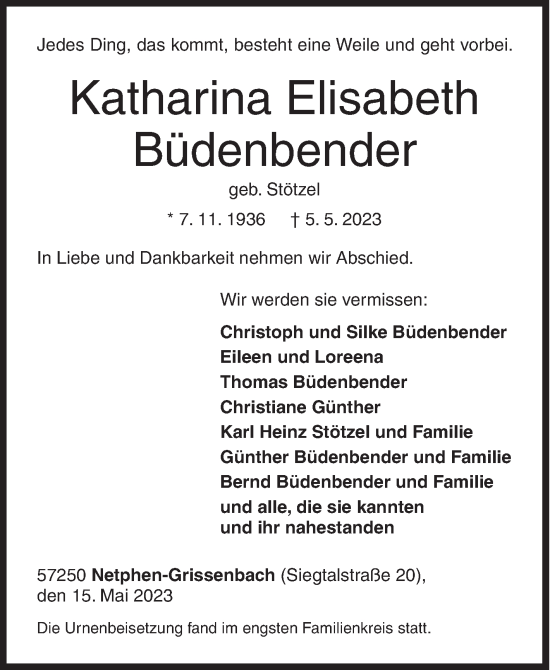 Traueranzeige von Katharina Elisabeth Büdenbender von Siegener Zeitung