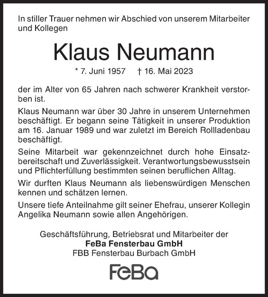  Traueranzeige für Klaus Neumann vom 25.05.2023 aus Siegener Zeitung