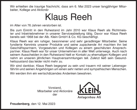 Traueranzeige von Klaus Reeh von Siegener Zeitung
