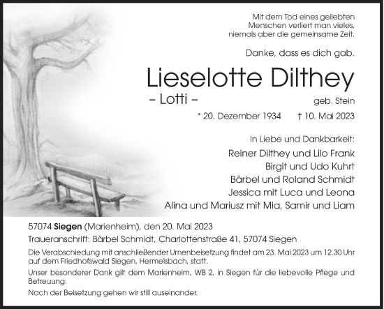 Traueranzeige von Lieselotte Dilthey von Siegener Zeitung
