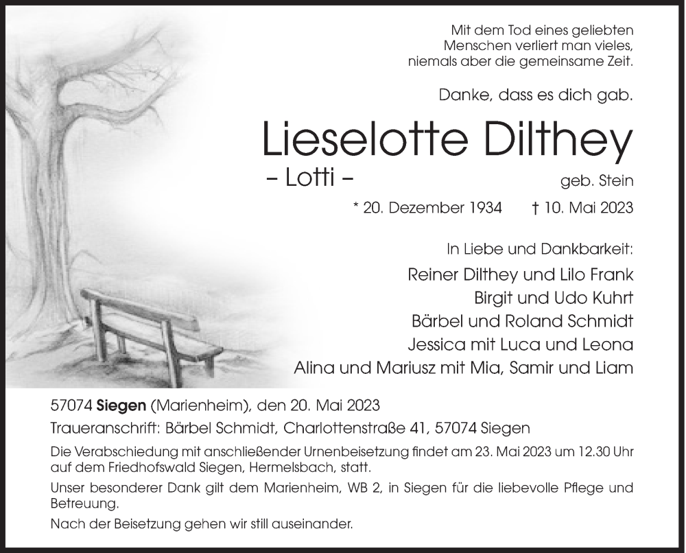  Traueranzeige für Lieselotte Dilthey vom 20.05.2023 aus Siegener Zeitung