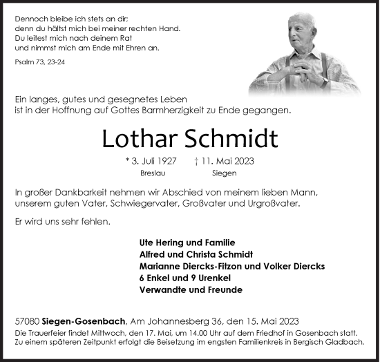 Traueranzeige von Lothar Schmidt von Siegener Zeitung