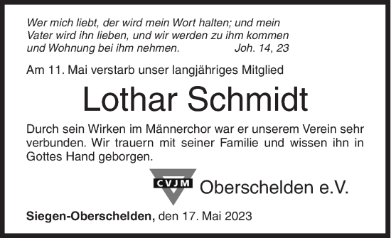 Traueranzeige von Lothar Schmidt von Siegener Zeitung