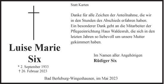 Traueranzeige von Luise Six von Siegener Zeitung