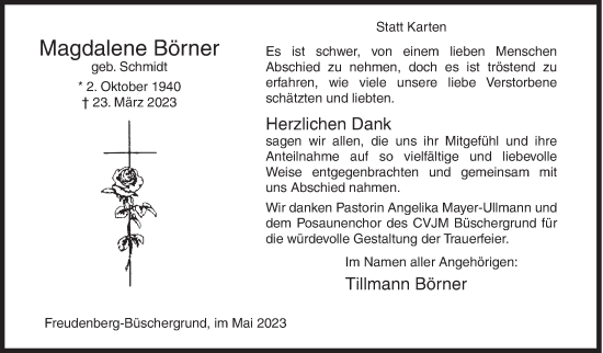 Traueranzeige von Magdalene Börner von Siegener Zeitung