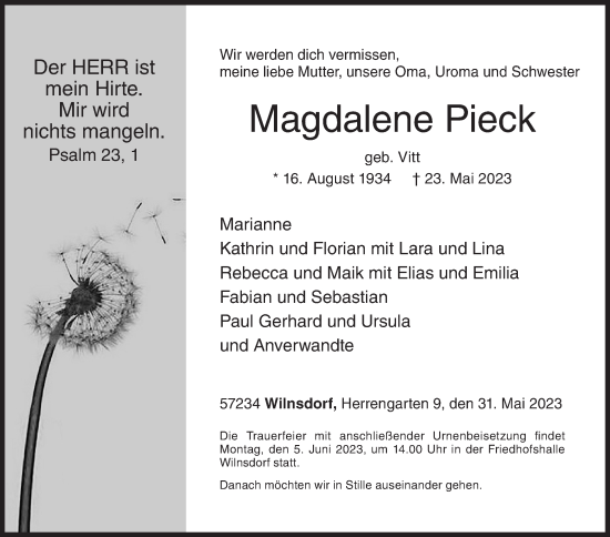 Traueranzeige von Magdalene Pieck von Siegener Zeitung