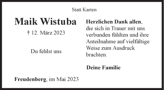 Traueranzeige von Maik Wistuba von Siegener Zeitung