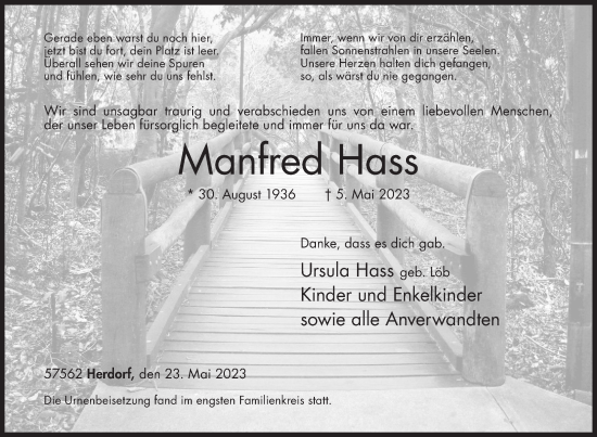 Traueranzeige von Manfred Hass von Siegener Zeitung