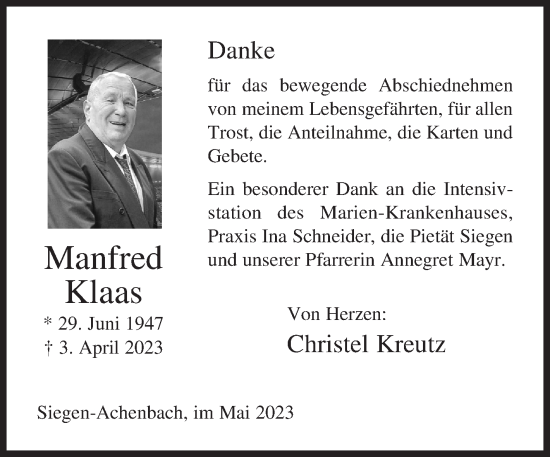 Traueranzeige von Manfred Klaas von Siegener Zeitung
