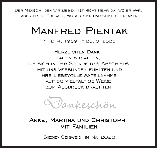 Traueranzeige von Manfred Pientak von Siegener Zeitung