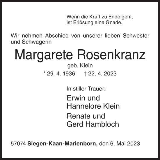 Traueranzeige von Margarete Rosenkranz von Siegener Zeitung