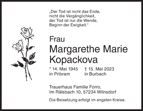 Traueranzeige von Margarethe Marie Kopackova von Siegener Zeitung