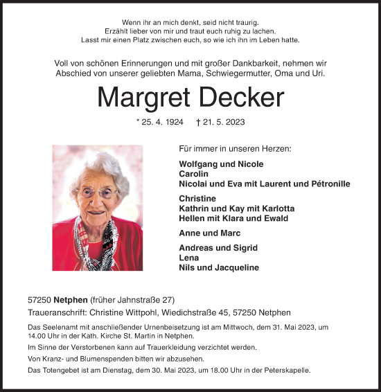 Traueranzeige von Margret Decker von Siegener Zeitung