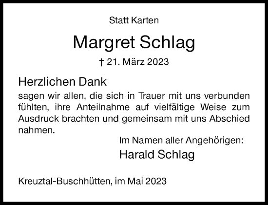 Traueranzeige von Margret Schlag von Siegener Zeitung