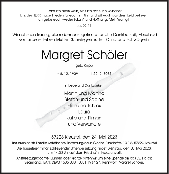 Traueranzeige von Margret Schöler von Siegener Zeitung