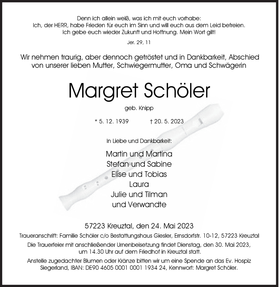 Traueranzeige für Margret Schöler vom 24.05.2023 aus Siegener Zeitung